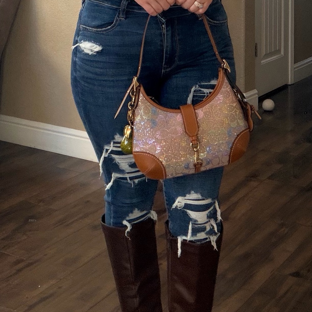 Coach Hamptons Hobo Bag Crystal Signature Jacquard Rainbow Multi - Picture 2 of 4